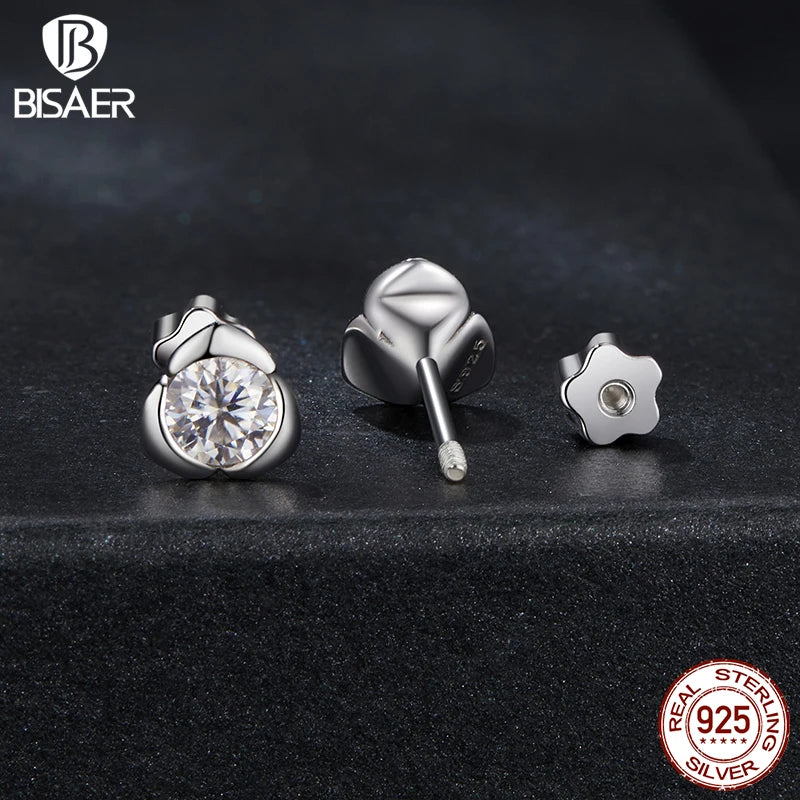 BISAER 925 Sterling Silver Moissanite Rose Stud Earrings Blooming Flowers Stud Ear For Women Engagement Wedding Fine Jewelry