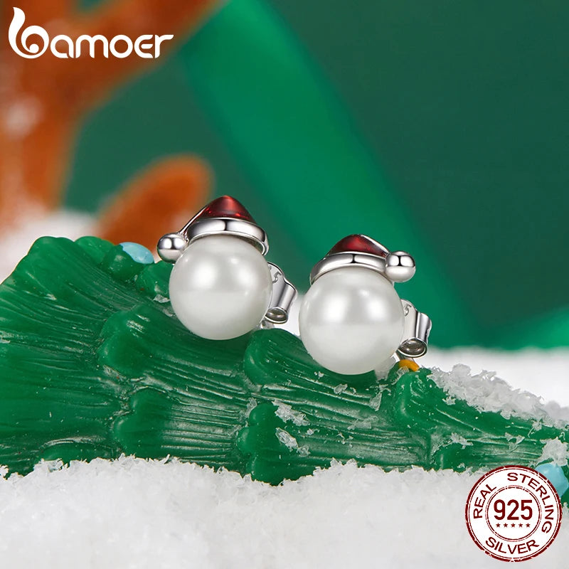 BAMOER Boucles d'oreilles à tige en argent sterling 925 avec perles et chapeau de Noël pour femmes et filles, hypoallergéniques, cadeau de Noël BSE1094