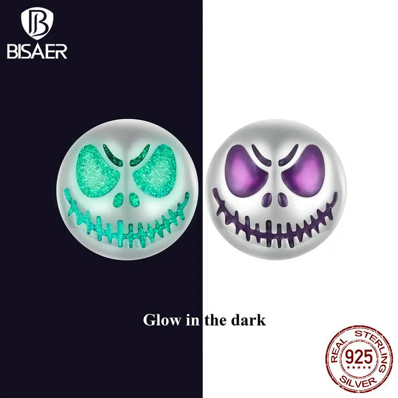 Bisaer 925 Sterling Silver Luminous Stud Earrings Halloween Skeleton Earrings for Women Girls Party Original Fine Jewelry Gift