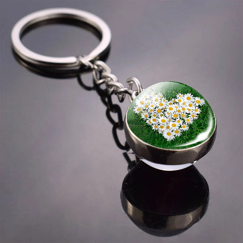 Natural Four-leaf Clover Glass Ball Keychain Daisy Metal Keyring Lucky Fashion Accessories for Women St. Patrick Day Jewelry