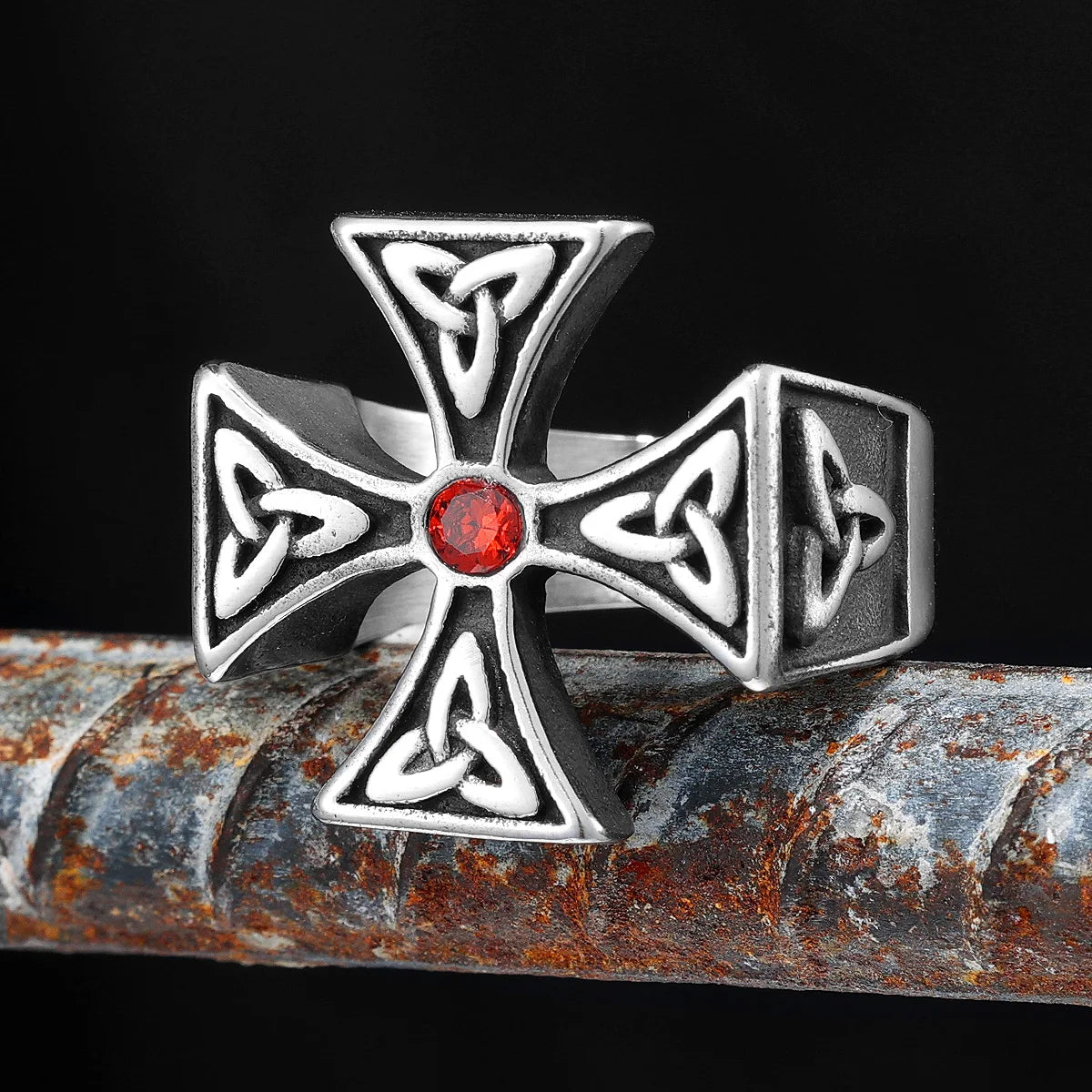 Celtic Knot Ring Cross Red Stone Mens Ring Stainless Steel Rock Nordic Amulet for Male Boyfriend Biker Jewelry Gift Wholesale