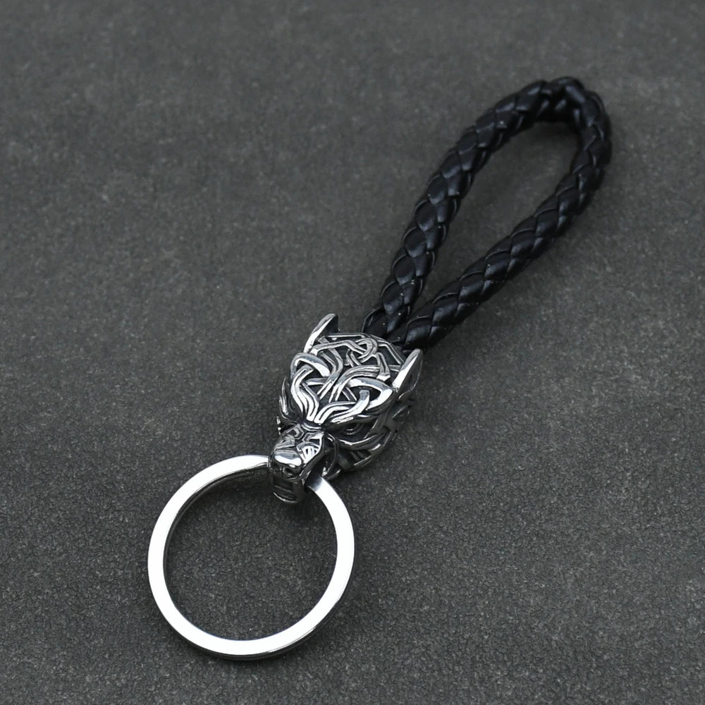 Vintage Wolf Head Keychains Vikings Pendant Stainless Steel wolf Keyring Handmade Male Black leather Key Ring