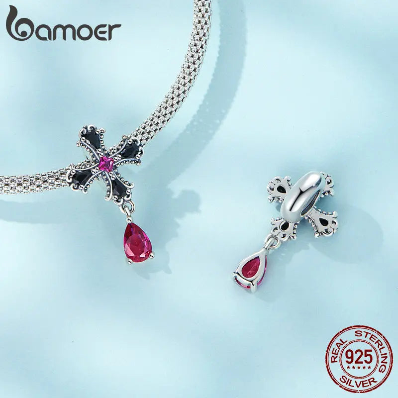 Bamoer 925 Sterling Silver Gothic Cross Charms fit for Women DIY Making Bracelet & Bangle Fine Jewelry Bat Bead Halloween Party