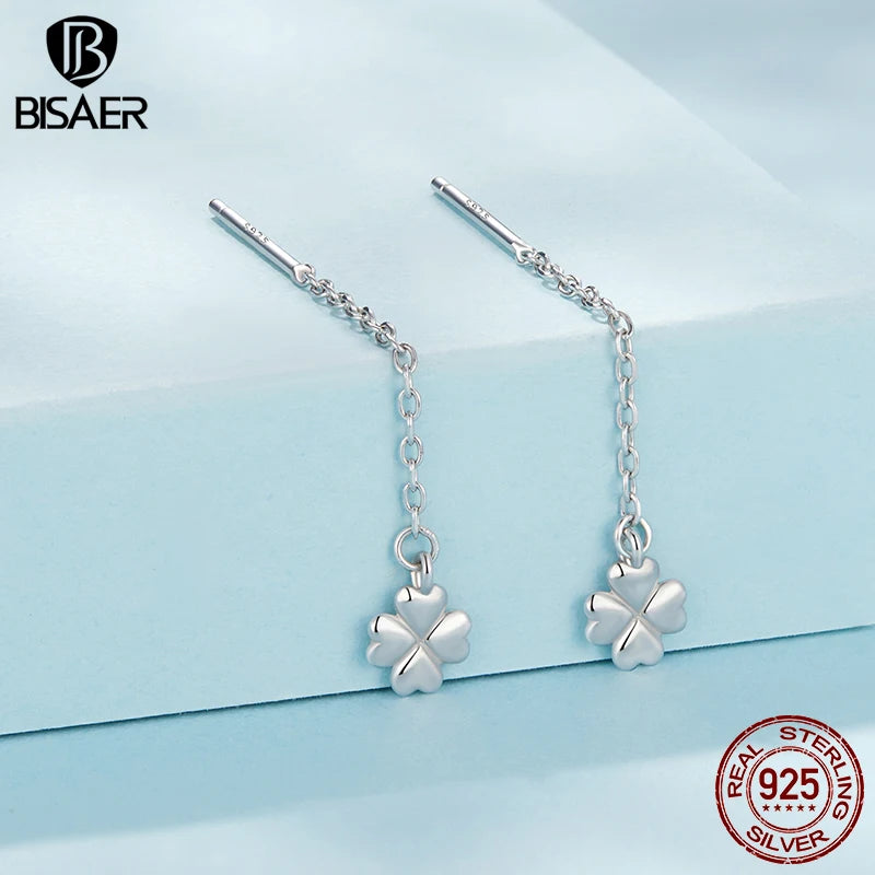 BISAER 925 Sterling Silver Snowflake Ear Threads Butterfly Star Four-leaf Clover Earrings Plated White Gold For Women Jewelry