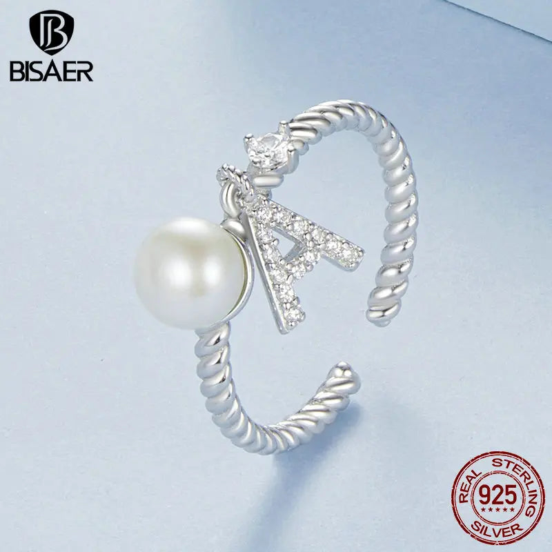 BISAER 925 Sterling Silver Pearl Tassel Open Ring Letter A Adjustable Plated White Gold Eternity Band for Women Fine Jewelry