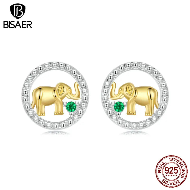 BISAER 925 Sterling Silver Golden Elephant Stud Earring Two-color Animal Stud Ear Plated White Gold For Woman Party Fine Jewelry