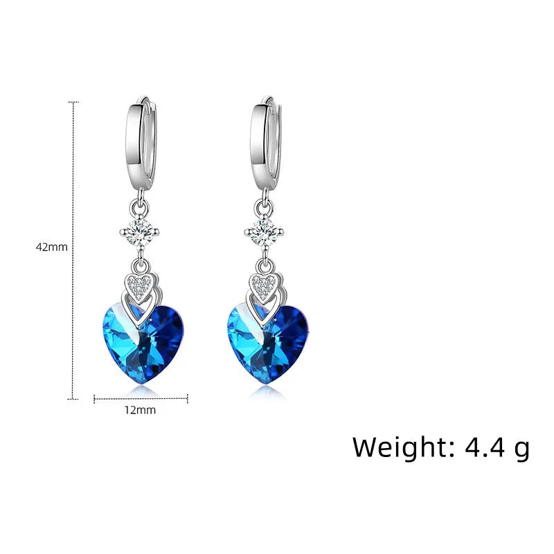 925 Sterling Silver Blue Crystal Heart-Shaped Zircon Earrings