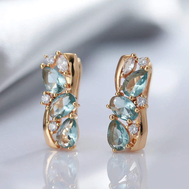 New 585 Rose Gold Drop Earrings for Women Delicate Cut Dazzling Blue Natural Zircon Bridal Wedding Jewelry Accessories