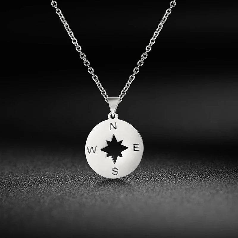 Dreamtimes Stainless Steel Hollow Compass Pendant Necklace for Women Men Hip Hop Jewelry Party Gift Package