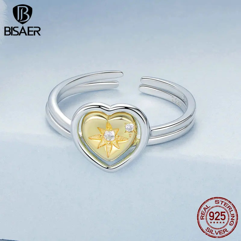 BISAER 925 Sterling Silver Heart Open Ring Two-tone Stackable Promise Band 18K Gold Plated for Couple Anniversary Fine Jewelry