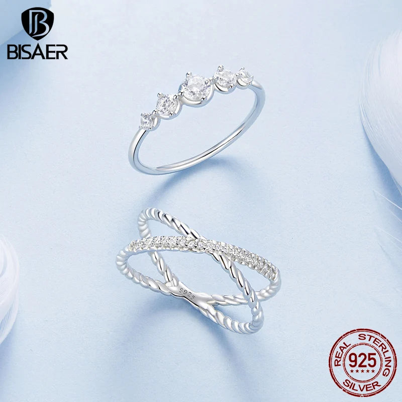 BISAER 925 Sterling Silver Sparkling Double-layer Ring Pave Setting Zircon Band Plated White Gold for Women Weeding Fine Jewelry