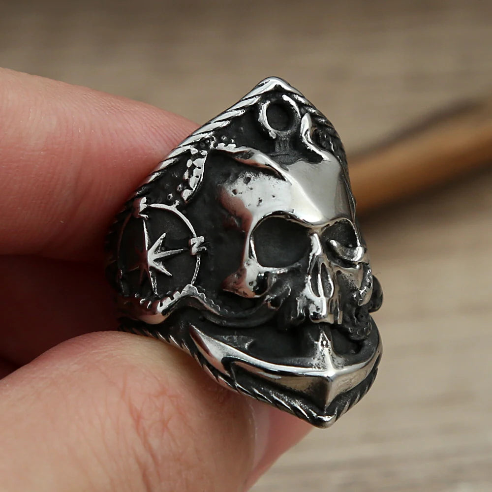 Unique Pirate Octopus Anchor Adsorption Compass Ring For Men 316L Stainless Steel Gothic Pirate Punk Skull Biker Ring Wholesale