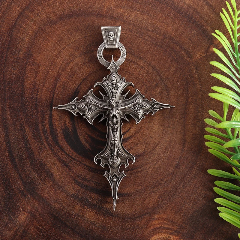 Vintage Gothic Skull Jesus Cross Pendant Necklace Catholic Jewelry for Men Punk Religious Amulet Necklace