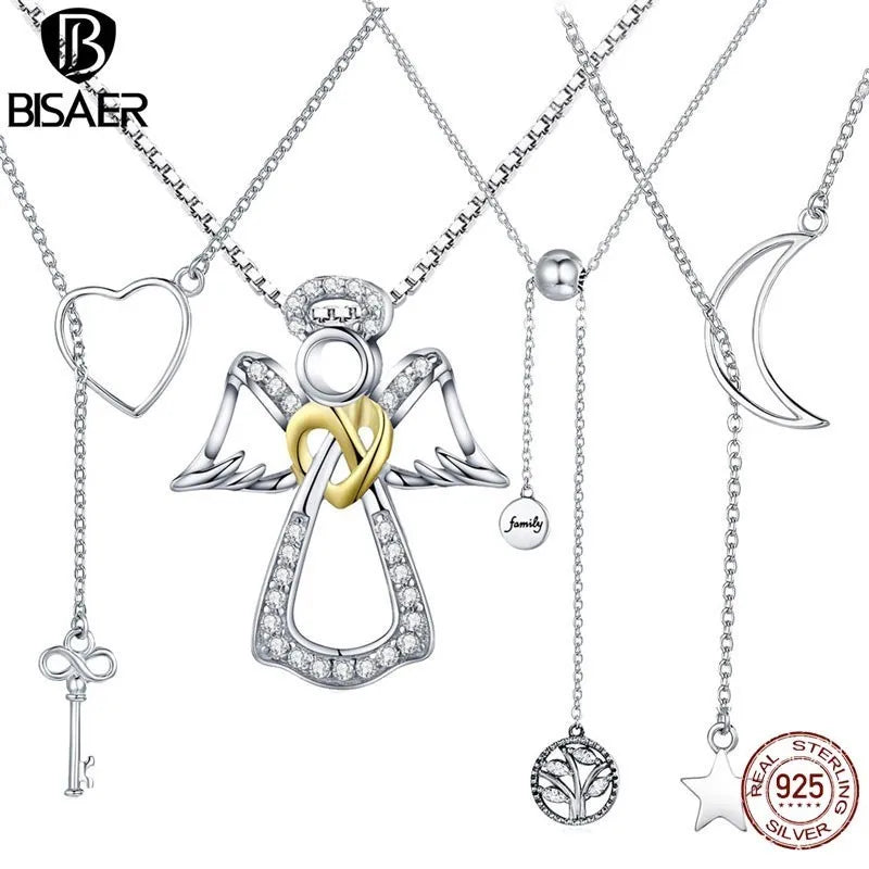 BISAER 925 Sterling Silver Key Zircon Necklaces Angel Wings Neck Heart Chain Plated Platinum Women Light Luxury Fine Jewelry