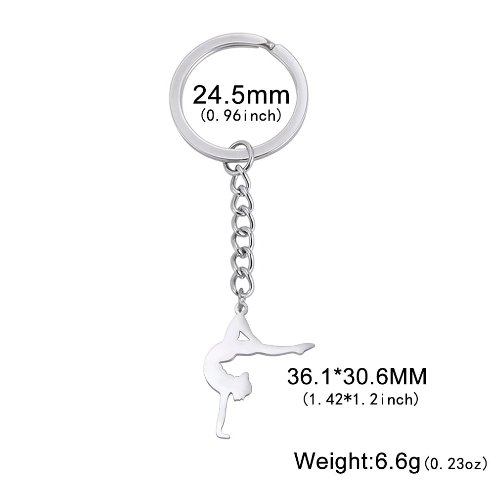 Porte-clés de gymnastique Dreamtimes en acier inoxydable, pendentif de sport, mode femme, bijoux en acier inoxydable, cadeau d'anniversaire pour gymnastes