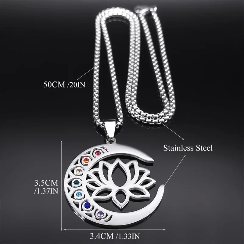 Halskette mit Anhänger Blume, Lotus, Mond für Damen und Herren, Edelstahl, silberfarben, 7 Chakra, Heilung, Gleichgewicht, Kette, Schmuck N9725S02