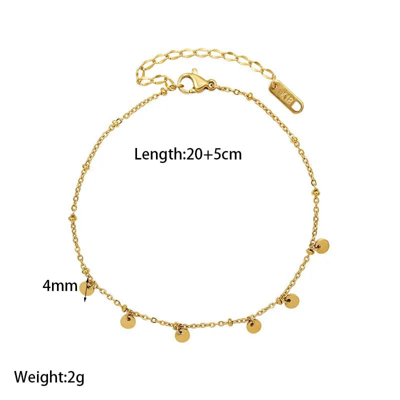 18K Gold Plated Stainless Steel Round Charm Adjustable Anklets for Women Waterproof Beach Foot Bracelet Jewelry Gift