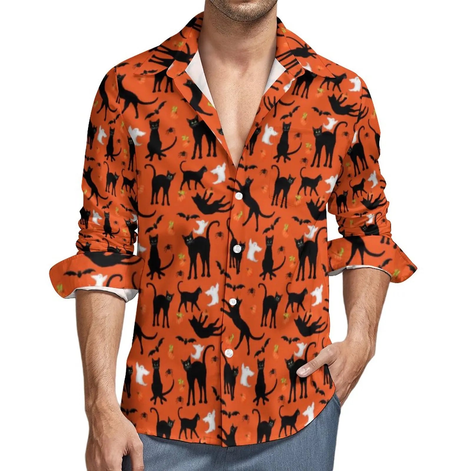 Camisa con estampado de murciélagos morados, camisas casuales de otoño y Halloween para hombre, blusas holgadas de manga larga, ropa gráfica divertida de talla grande