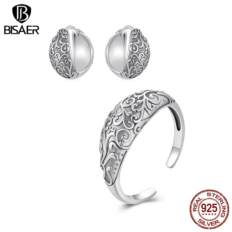 BISAER 100% 925 Sterling Silver Retro Pattern Open Ring Vintage Pattern Hoop Earrings for Women Party Original Fine Jewelry Gift