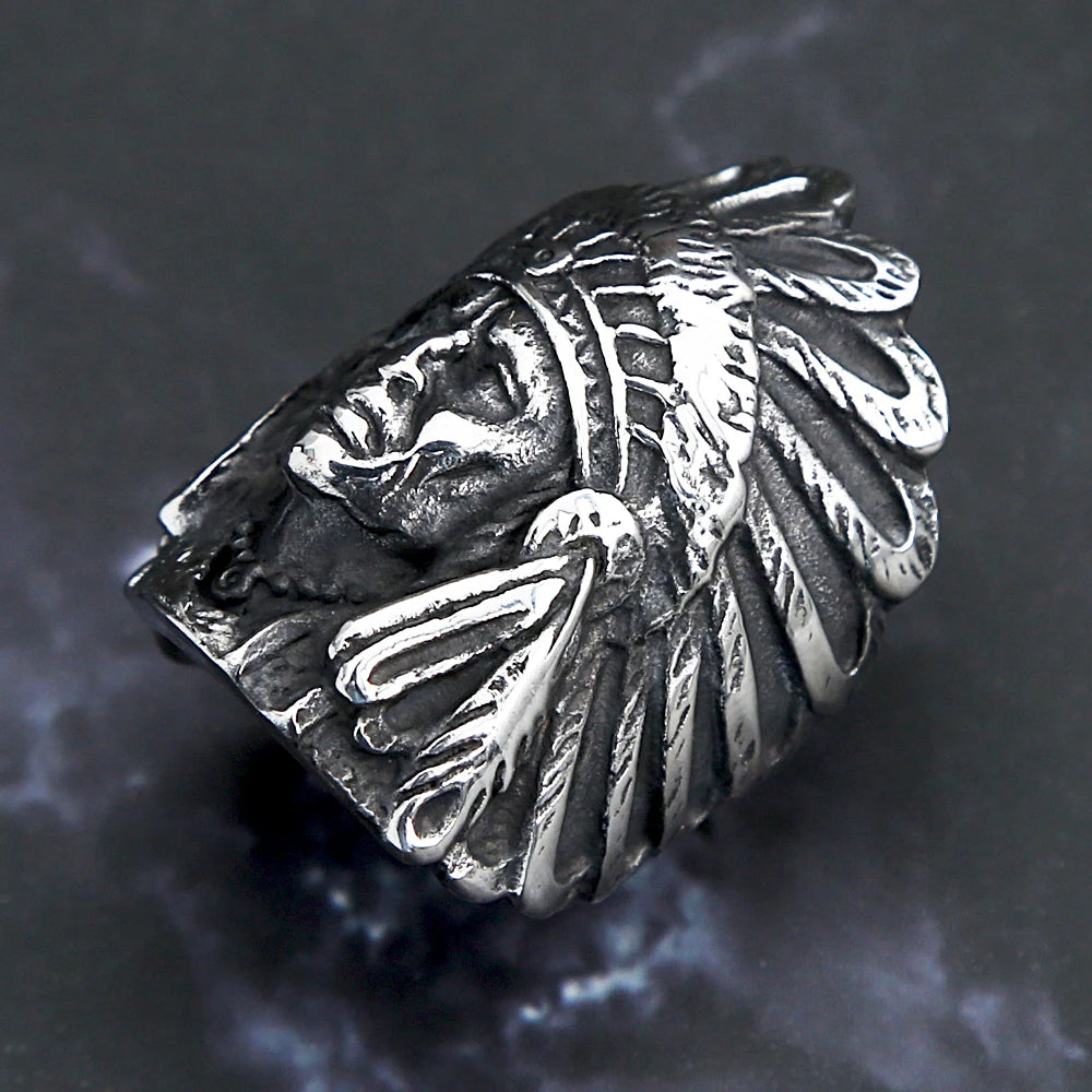 Anillo de jefe indio detallado para hombre, anillo de motociclista de acero inoxidable 316L, anillos enormes de estilo punk hip hop para hombre, joyería de moda, regalo para un amigo