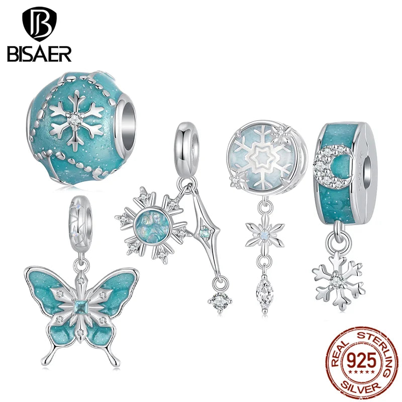 BISAER 925 Sterling Silver Crystal Snowflake Charm Bead Butterfly Snowflake Stopper Pendant for Women DIY Bracelets Fine Jewelry