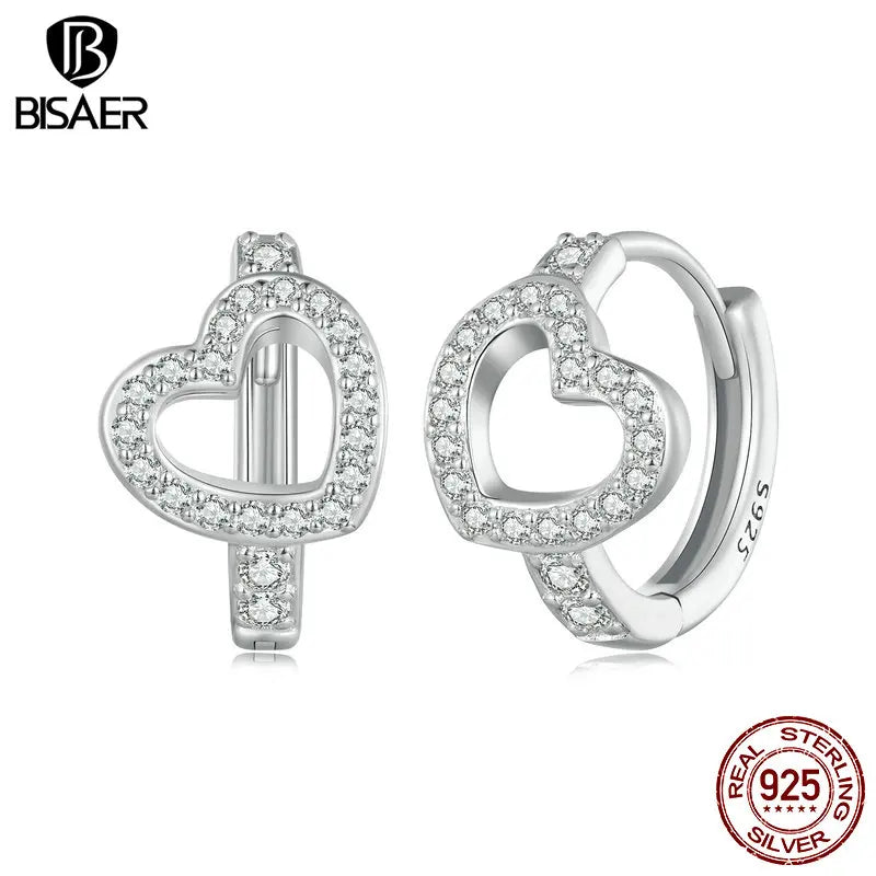 BISAER 925 Sterling Silver Shining Heart Hoop Earrings Pavé Setting Zircon Plated Platinum Fine Jewelry for Women Wedding Gift