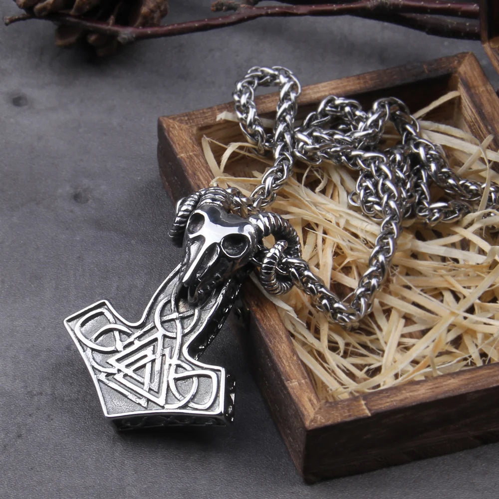 Fashion Valknut Viking Thor's Hammer Pendant Necklace With keel Chain As Men Gift with wooden box