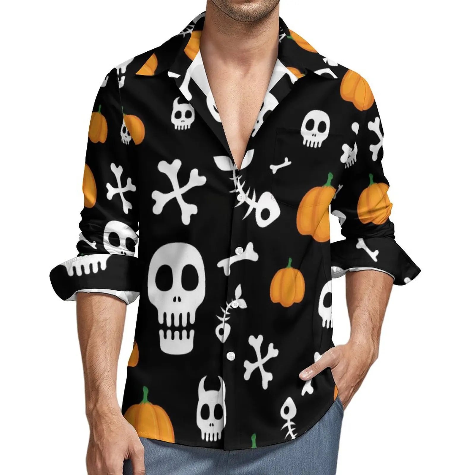 Happy Haunts Casual Shirts Halloween Katze Geist Retro Shirt Frühling Y2K Lustige Oversize Bluse Männer Langarm Grafik Kleidung Geschenk