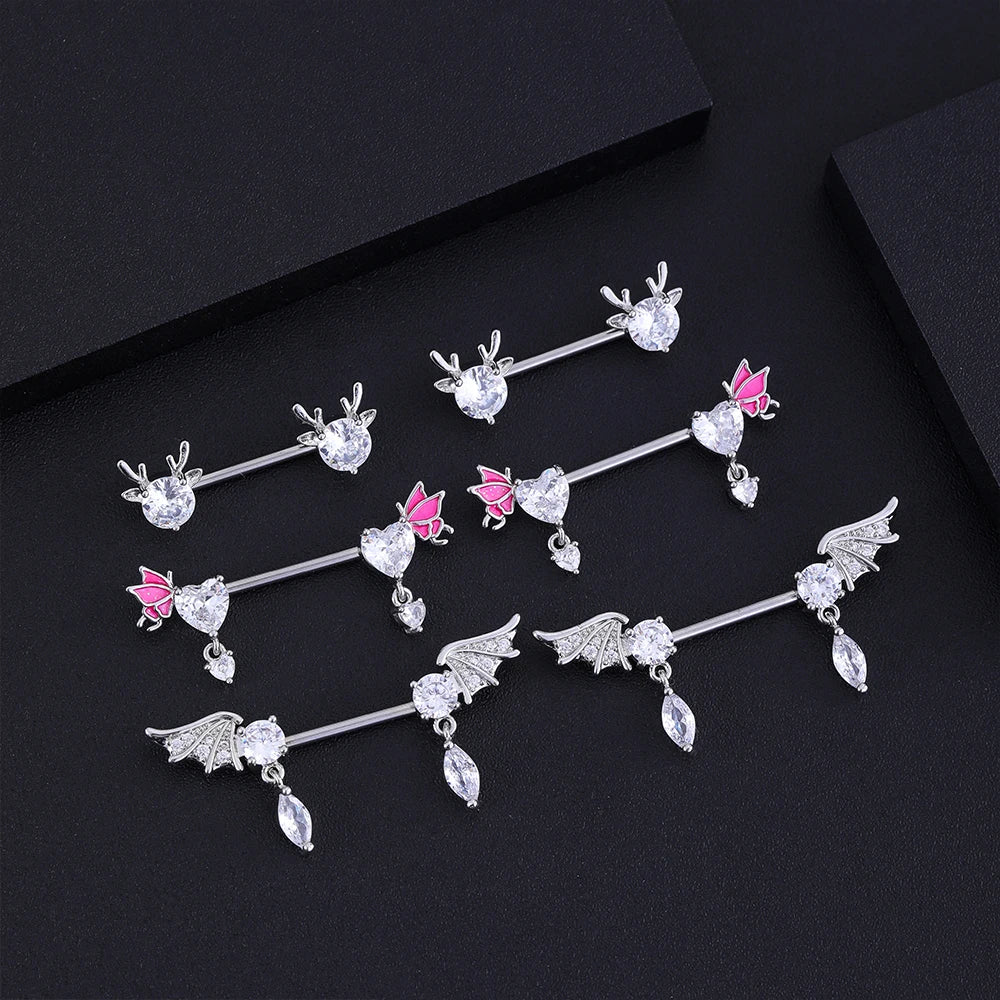 Mixed-Style Nipple Rings 14G Heart Butterfly Sword-Shaped Crystal CZs Nipple Piercing for Women Stainless Steel Shield Jewelry