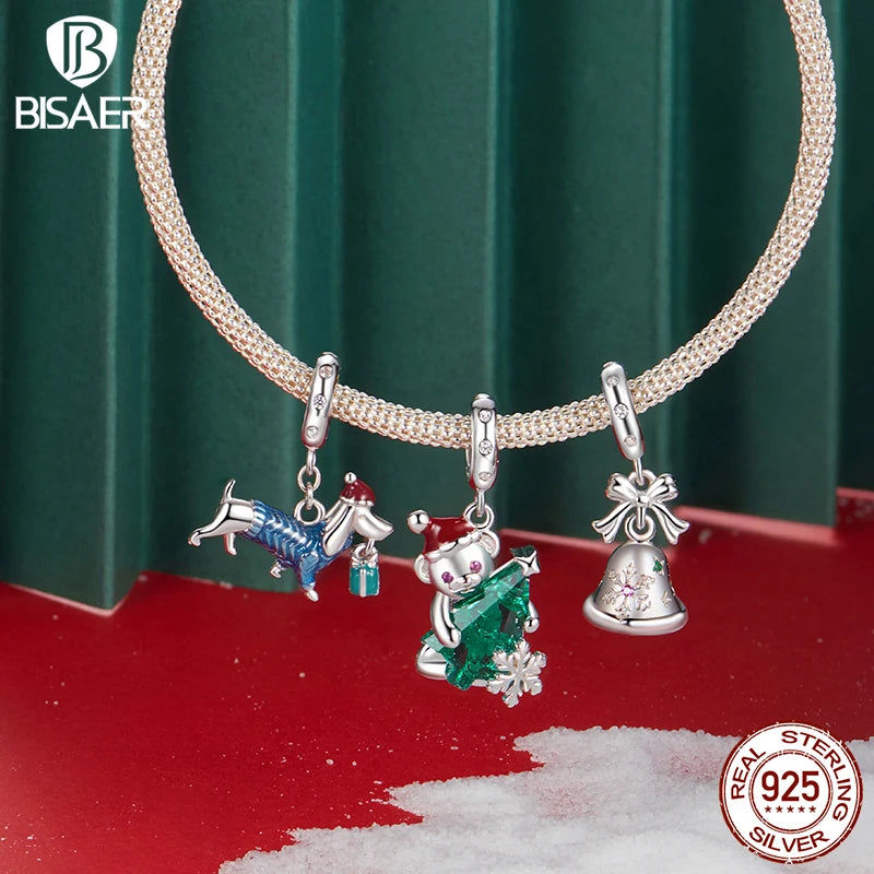 BISAER 925 Sterling Silver Christmas Bear Reindeer Bell Charm Bead Snowman Christmas Tree Pendant Fit DIY Bracelet Jewelry Gift