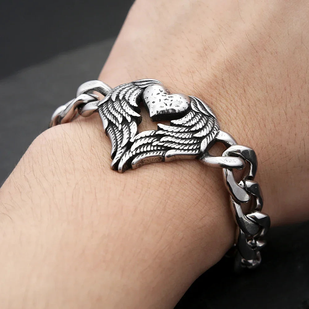 New Style Stainless Steel Angel Wings Love Bracelet Fashion Punk Feather Heart Bangles For Men Women Charm Biker Jewelry Gifts