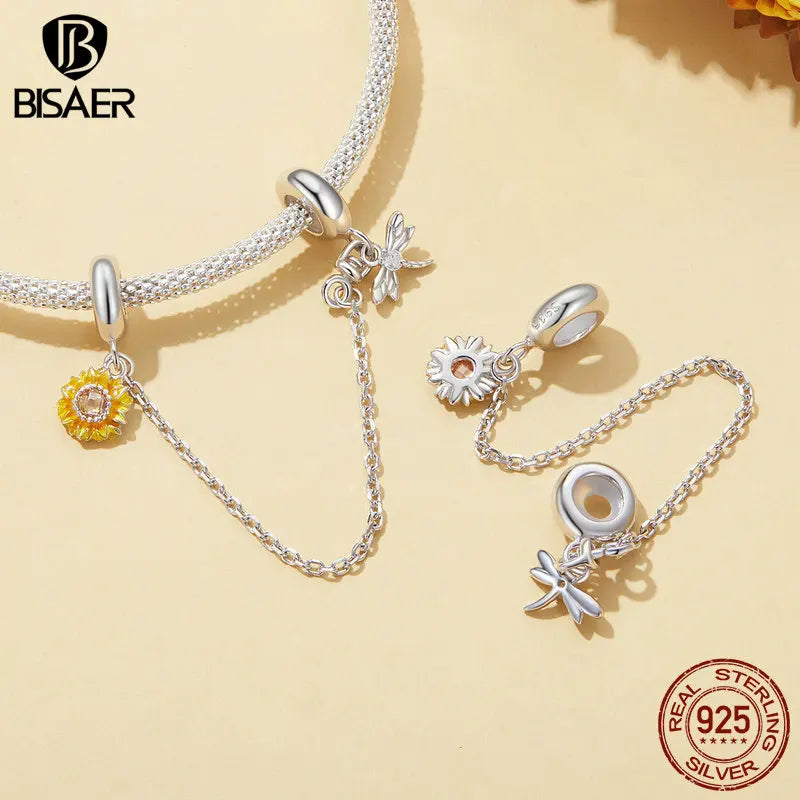 BISAER 925 Sterling Silver Sunflower Charm Bead Flower Pendant Dragonfly Safety Chain Plated Platinum Fit Elegant Women Bracelet