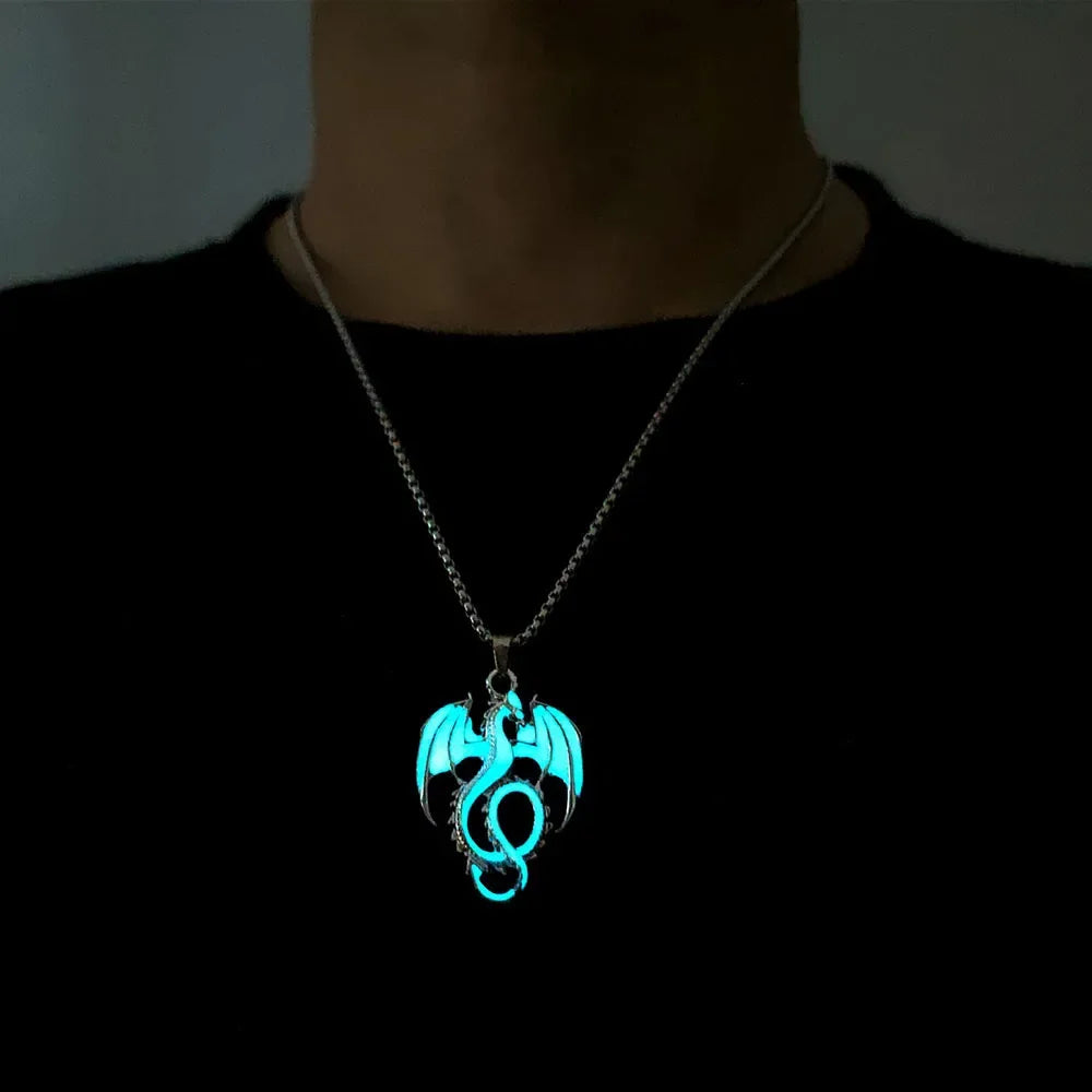 Hiphop Luminous Alloy Dragon Pendant Stainless Steel Chain Glowing Necklace Night Club Glow In The Dark Necklace for Halloween