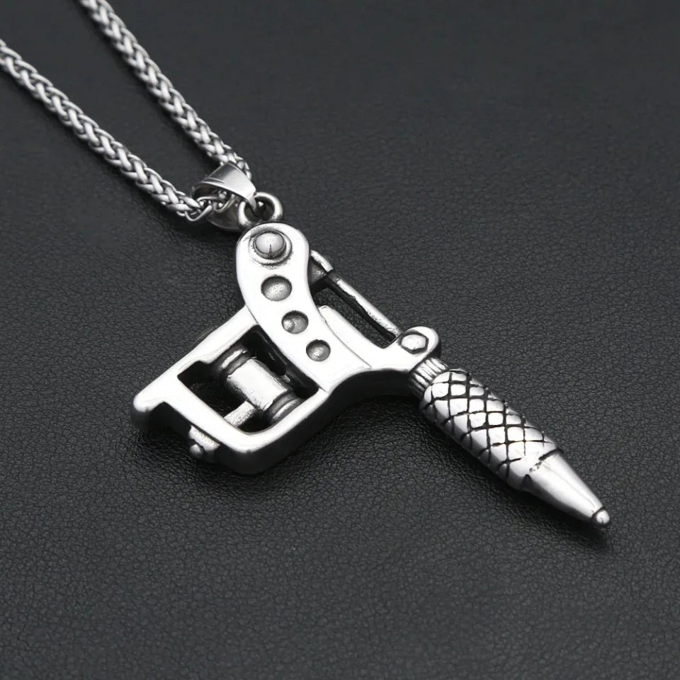 Vintage Stainless Steel Tattoo Machine Tool Pendant Necklace For Men Women Punk Hip Hop Tattoo Artist Gifts Jewelry Accessories