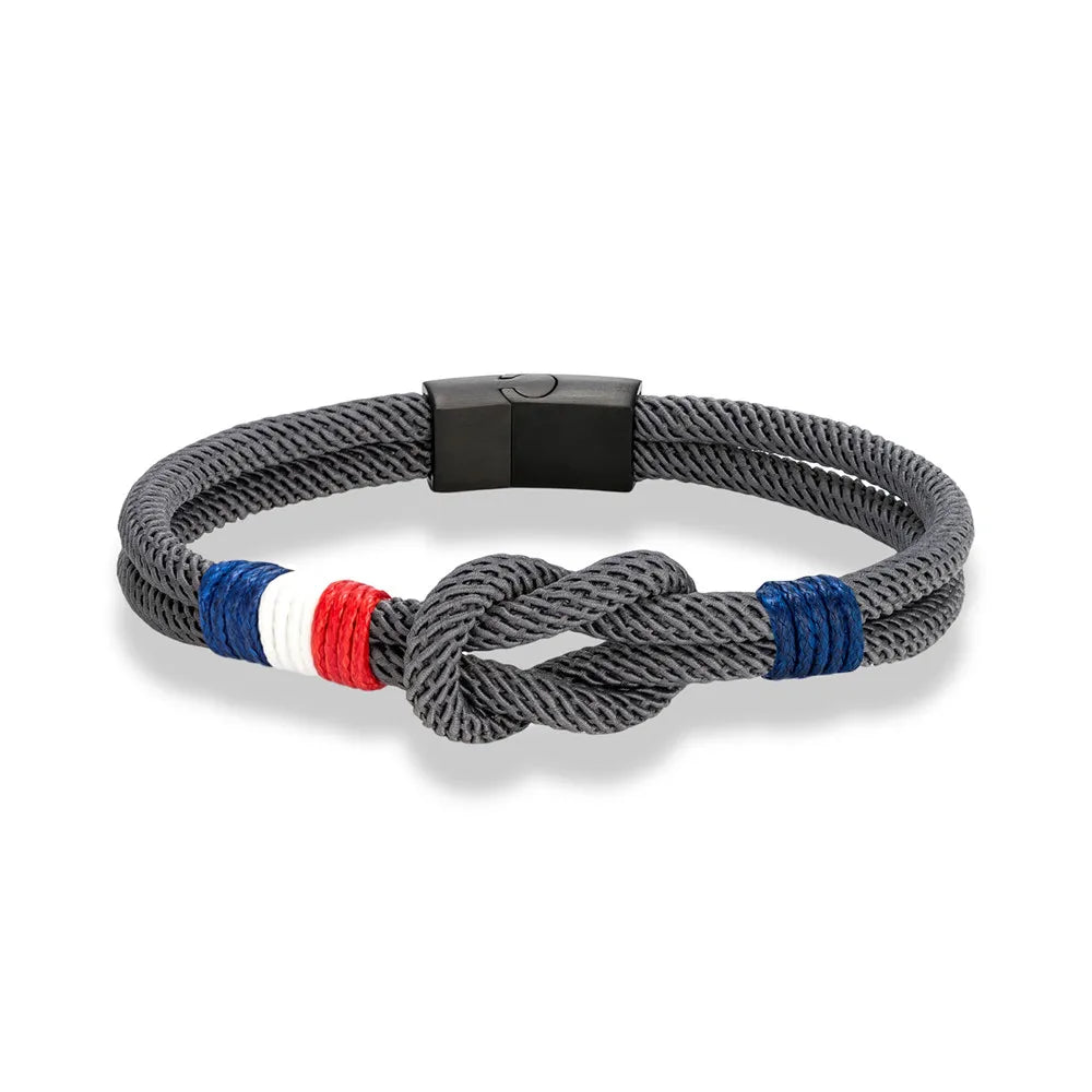 MKENDN Black Stainless Steel Square Knot Rope Bracelet Men Women Handmade Woven Double-Layer Design France Flag Couple Jewelry