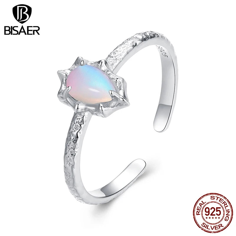 BISAER 925 Sterling Silver Aurora Opal Solitaire Open Ring Water Drop Band Plated White Gold for Women Party Fine Jewelry Gift