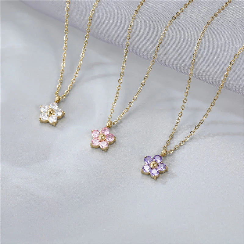 Dainty Waterproof Jewelry Gold Plated Stainless Steel Pink Purple White Cubic Zirconia flower Pendant Necklace for Women Gift