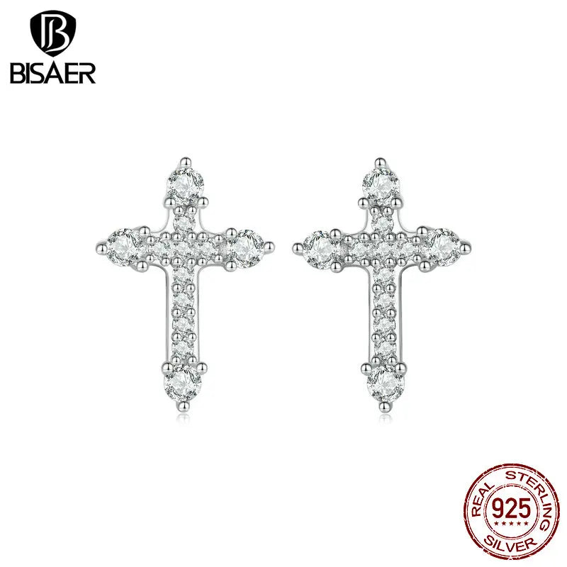 BISAER 925 Sterling Silver Sparkling Cross Stud Earrings Pavé Setting Zircon Plated White Gold Fine Jewelry For Woman Party Gift