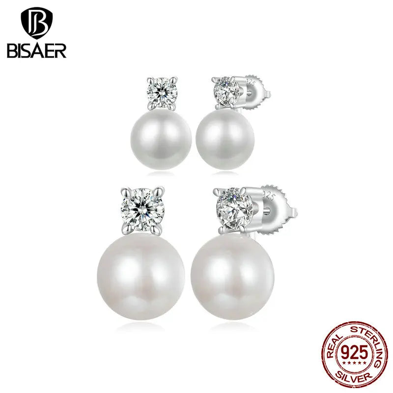 BISAER Moissanite 925 Sterling Silver Pearl Stud Earrings Elegant Women 0.5CT VVS1 Clarity Lab Created Diamond Wedding Jewelry