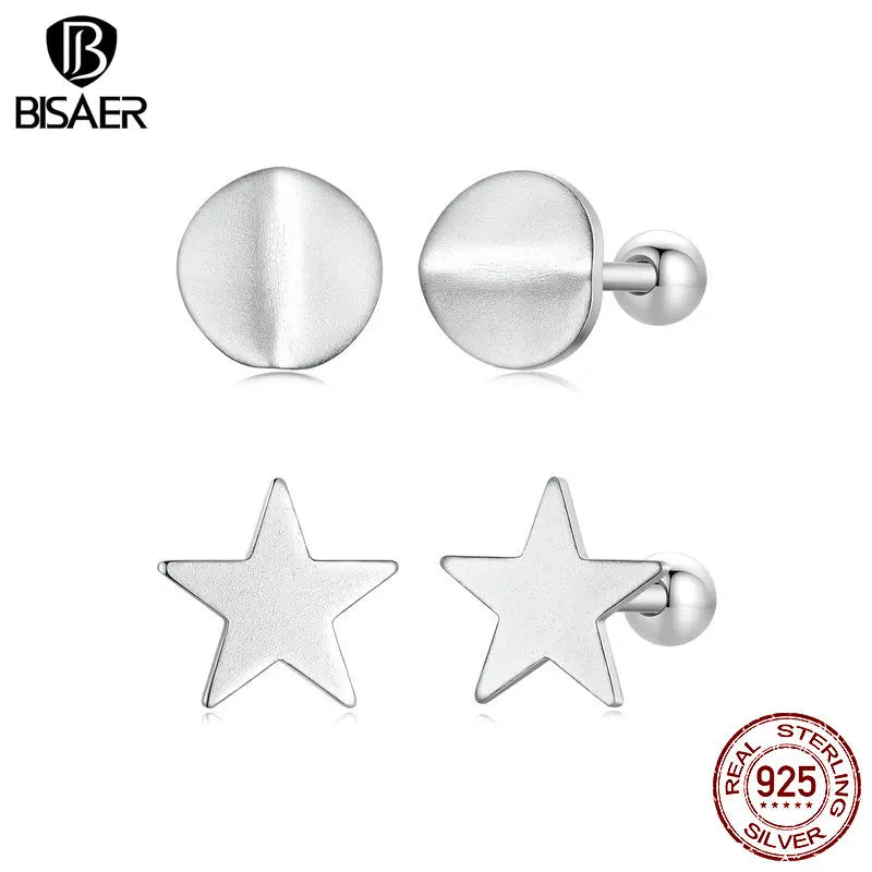 BISAER 925 Sterling Silver Round Stud Earrings Simple Stars Stud Ear Plated White Gold  For Woman Girl Party Fine Jewelry Gift