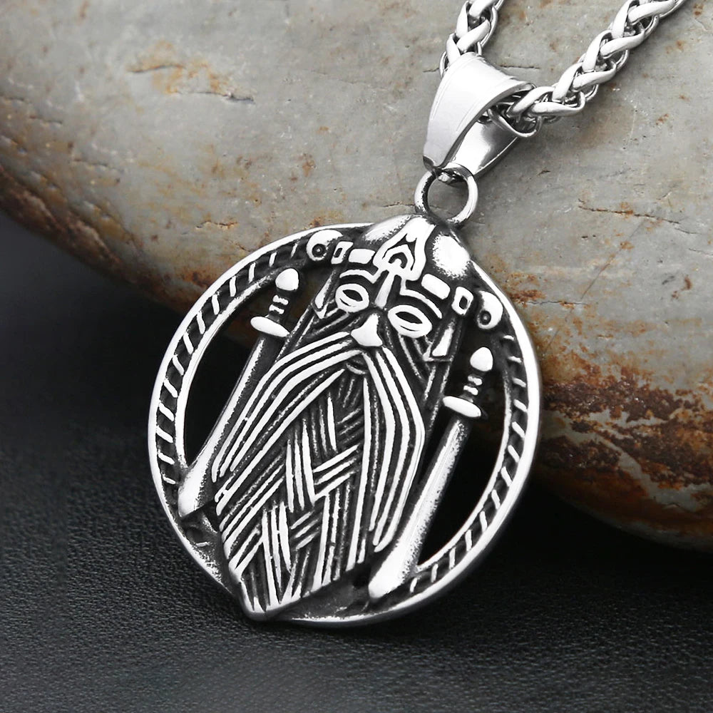 New Viking Odin Portrait With Double Sword Pendant Necklace For Men Vintage Nordic Stainless Steel Amulet Jewelry Gift Wholesale