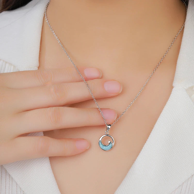 XYOP 925 Silver Gift Simple Wave Natural Larimar Pendant,The Girl Next Door Is Clean And Calm