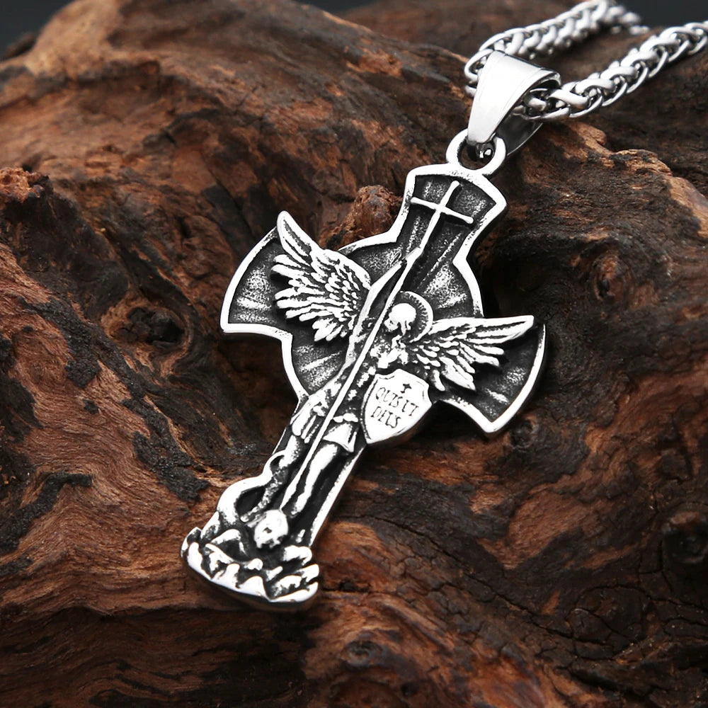 New Vintage St. Michael Archangel Pendant Necklace Stainless Steel Angel Wings Cross Necklaces For Men Women Religious Jewelry