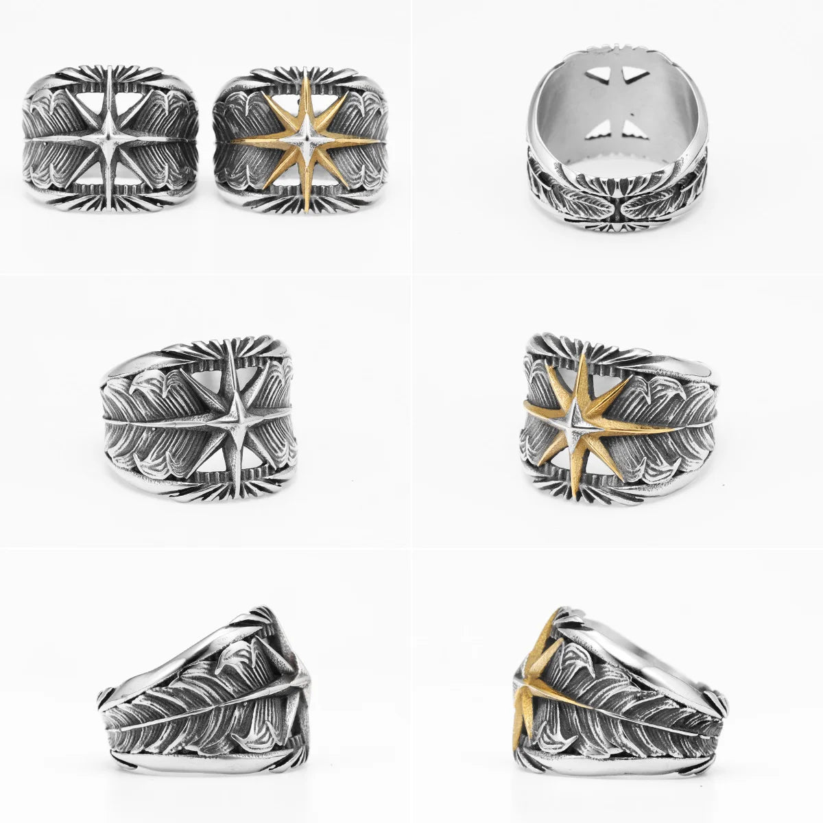 Octagram Ring 316L Stainless Steel Feather Men Ring Hollow Punk Rock Rap for Biker Male Friend Jewelry Creative Gift Wholesale