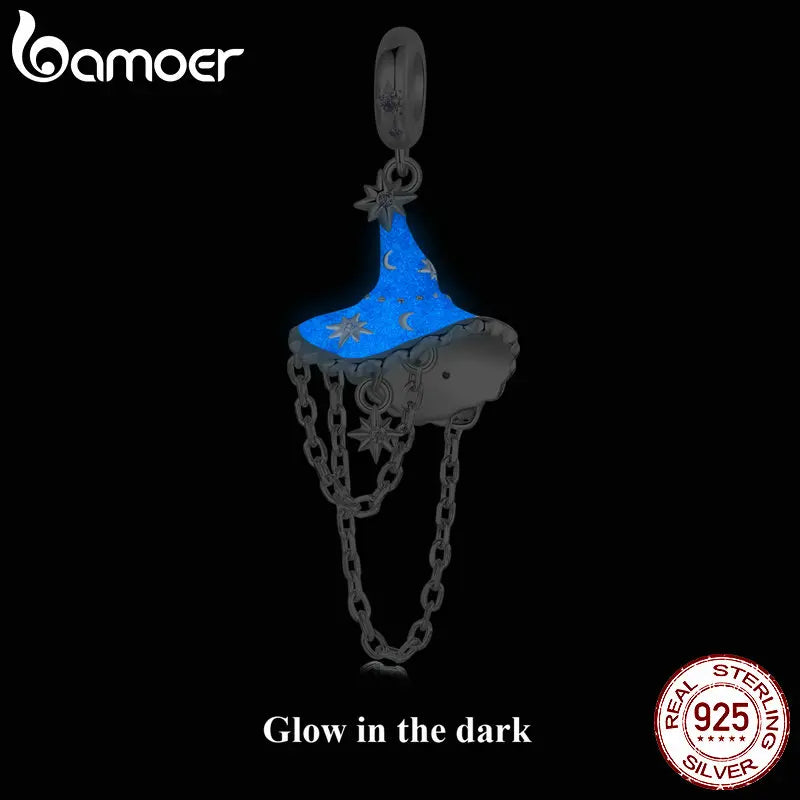 BAMOER Solid 925 Sterling Silver Luminous Witch Hat Charm Beads fit Original Bracelet & Necklaces Halloween Jewelry DIY SCC2894