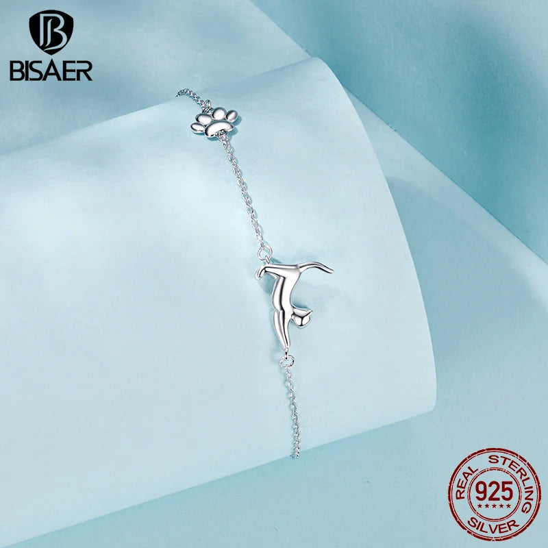 BISAER 925 Sterling Silver Cute Cat Bracelet Pet Animals Charm Adjustable Chain Plated White Gold for Women Party Fine Jewelry