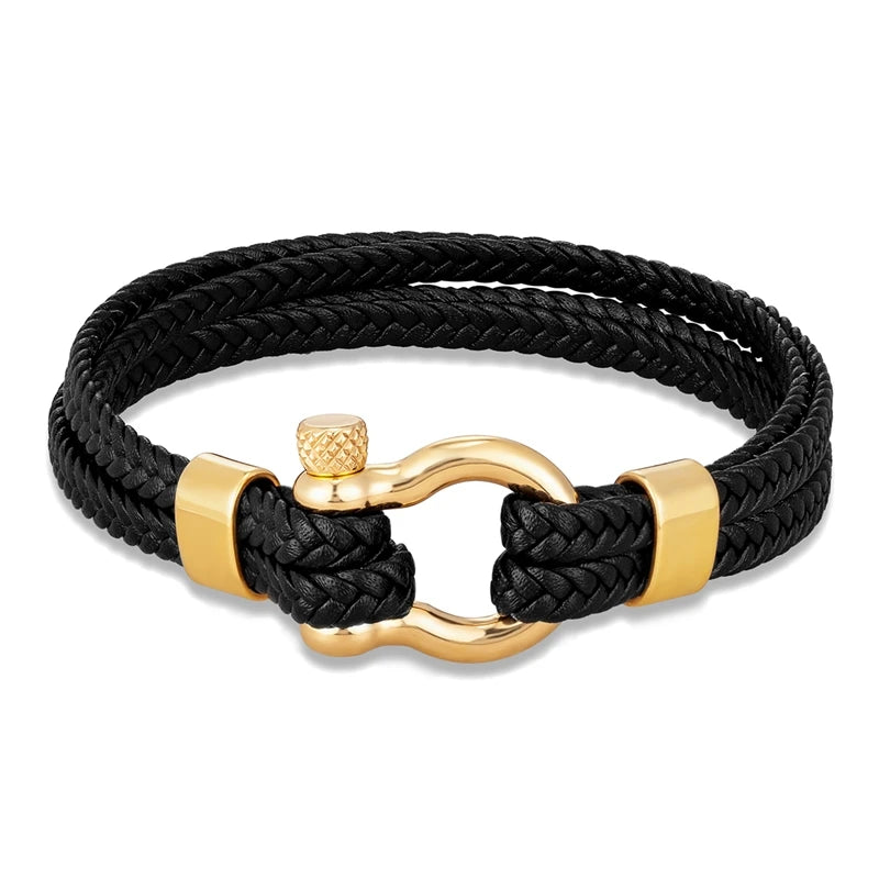 Men Multilayer Woven Leather Bracelet Fashion Stainless Steel Horseshoe Shackle Buckle with Screw Bracelet Jewelry for Women