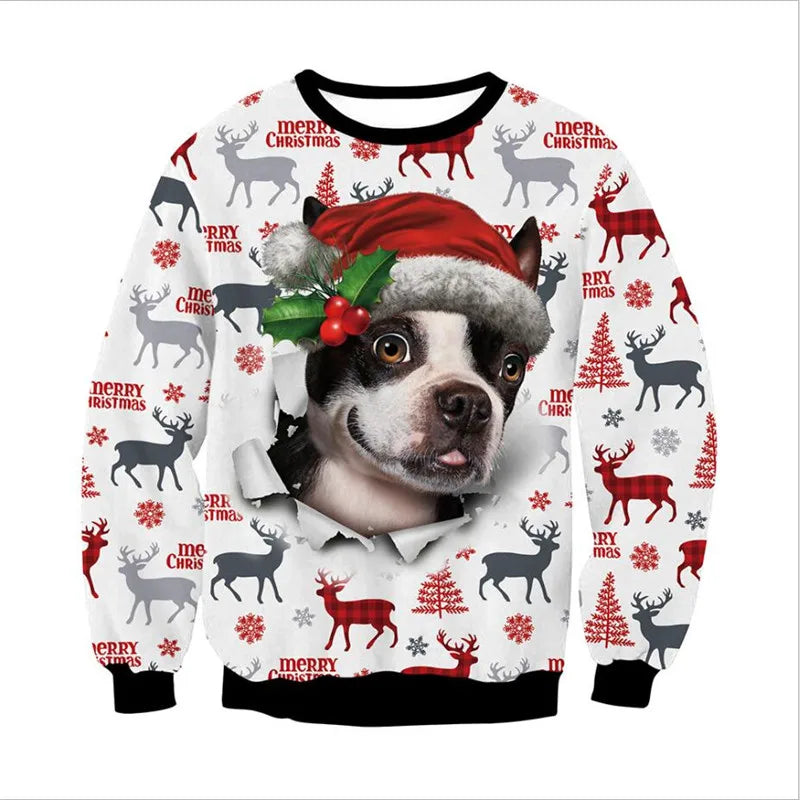 Men Women Tacky Xmas Sweater 3D Christmas Dog Snowflake Bell Reindeer Santa Printed Holiday Party Jumper Christmas Sweatshirt