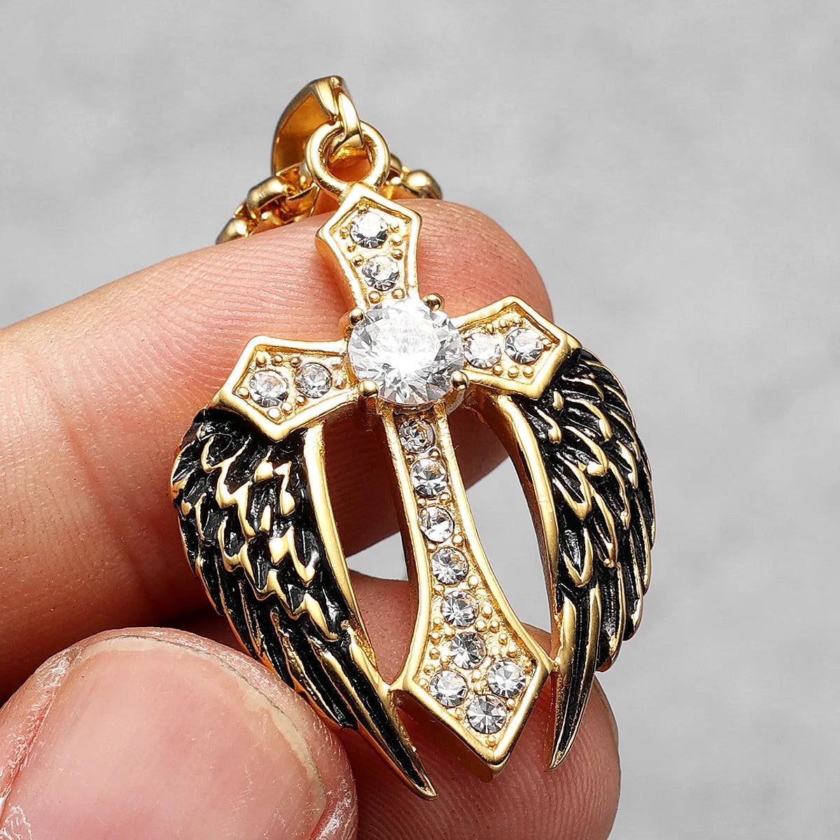 Golden Cross Pendant Men Women Necklace 316L Stainless Steel Wings Punk Gothic Chain Rock Rap for Male Vintage Jewelry Wholesale