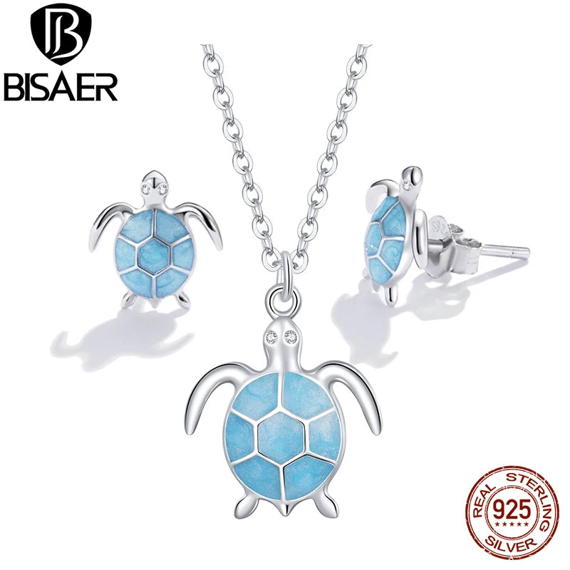 BISAER 100% 925 Sterling Silver Turtle Jewelry Set Necklace Earrings Plated Platinum For Women Beach Party Fine Jewelry Gift